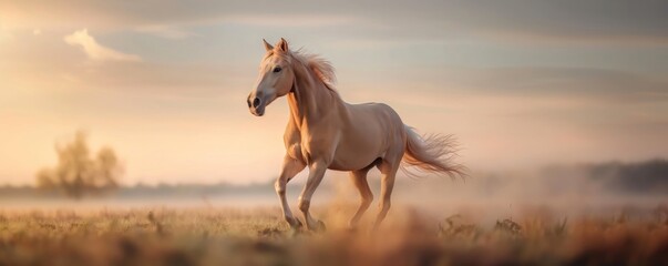 A light beige horse trots gracefully on a dewy morning field, epitomizing grace and vitality. The soft lighting emphasizes the serene and calm aura of the countryside setting.