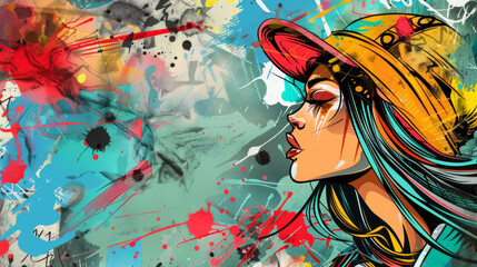 Naklejka premium young girl on a bright background graffiti style