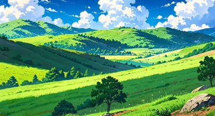 Fototapeta premium anime style background of rolling green hills under a clear blue sky with scattered white clouds open space and tranquility, perfect for a cozy and inviting natural landscape