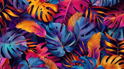 Seamless fabric pattern of tropical palm leaves, vibrant colors and intricate details for a modern and fresh look