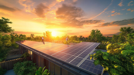 Panel solar energy photovoltaic power roof sun home cell system green house eco industry. Solar energy building panel future electric engineer technology ecology sunset nature station sky light work 