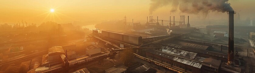 Fototapeta premium Panoramic view of a sprawling factory from a high angle, the setting sun casting a golden glow, wide-angle perspective capturing the expanse