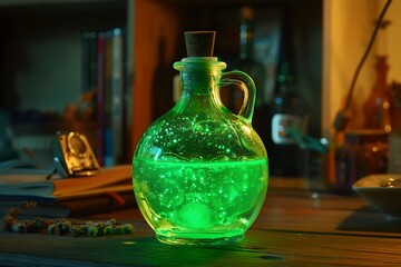 A glowing green glass bottle filled with a bubbling, bioluminescent potion.