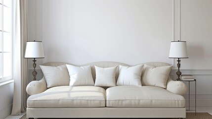 AI generated beige sofa with white pillows and table on the side with lamp, white wall, minimalist interior design living room Pro Photo 