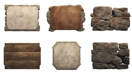Set of old stone sign plates transparent background.