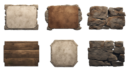Set of old stone sign plates transparent background.