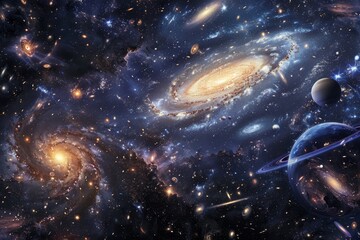 A collection of planets and stars scattered across the night sky, Celestial bodies and galaxies in a cosmic panorama