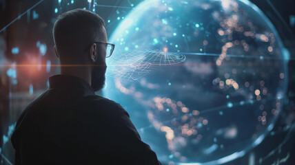 A man wearing glasses is examining a digital Earth model, symbolizing technological advancement, data visualization, worldwide connectivity, and innovative communication techniques