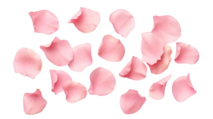 Set of pink rose petals transparent background.