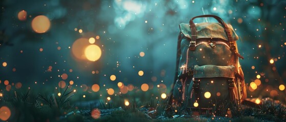 A magical, glowing backpack appears in a whimsical, blurred landscape with sparkling lights