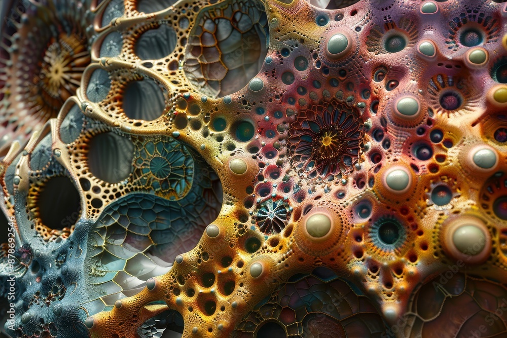 Poster detailed view of a vibrant multicolored pattern with unique and mesmerizing details, cell structures