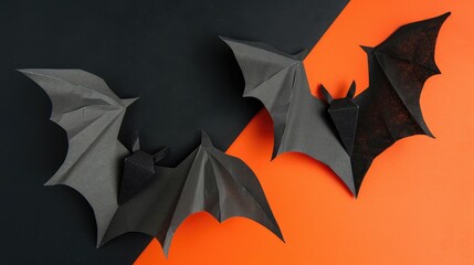 Fototapeta premium Paper bats on orange and black backdrop