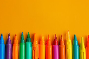 An assortment of vibrant markers lies in a row against a solid yellow background with ample space for text