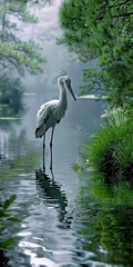 Naklejka premium A white heron standing in a serene, reflective pond surrounded by lush green foliage and misty background scenery