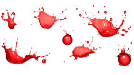 Set of red splashes of a liquid similar to red berry jam, juice or punch transparent background.