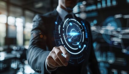 Closeup of a business concept illustration of a businessman in a suit presenting a business plan