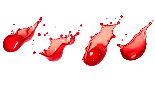 Set of red splashes of a liquid similar to red berry jam, juice or punch transparent background.