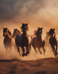 wild horses running in groups through the dust and smoke at river. 