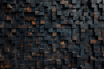 black and brown abstract 3D background with wooden squares, textured geometric backdrop, abstract textured blocks. Geometric shapes overlap creating harmonious abstract composition.
