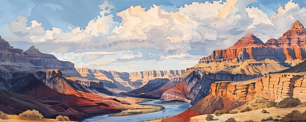 Majestic Grand Canyon: Watercolor Landscape of Layered Rock Formations and River
