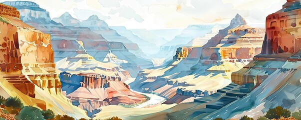 Majestic Grand Canyon Landscape with Layered Rock Formations and River in Watercolor Style