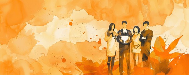 Vibrant Employee of the Month Award in Watercolor Style on Orange Background