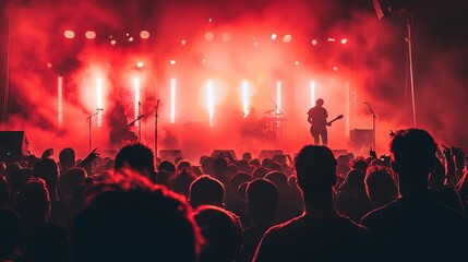 Rock concert with energetic crowd, bright stage lighting and live performance in a vibrant atmosphere at a music festival, entertainment concept