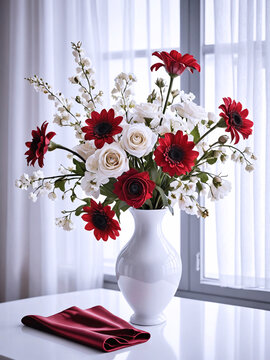 illustrazione di bouquet di fiori in vaso elegante dalle forme classiche, arredo d'interni