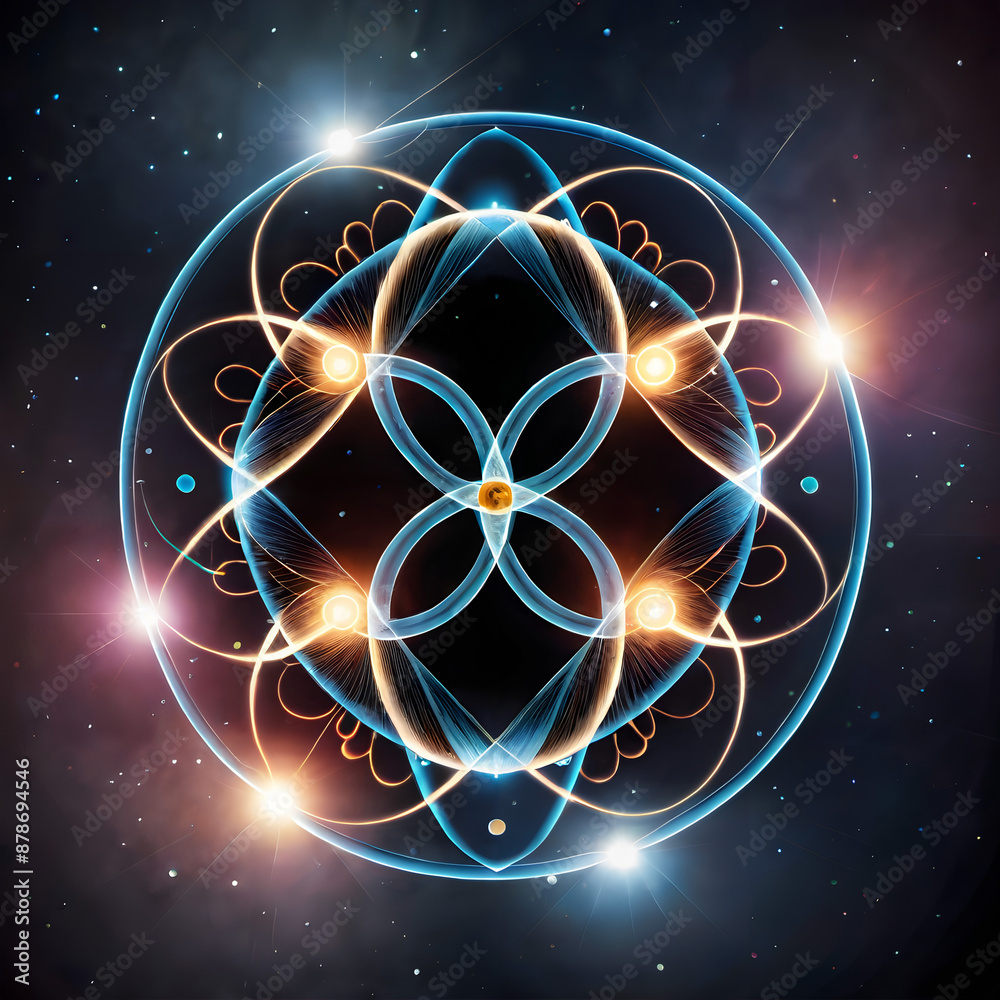Wall mural symmetrical atomic structure with glowing orbs in cosmic space