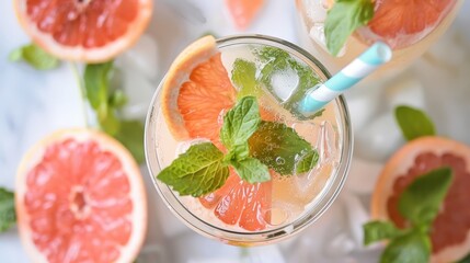 A glass of refreshing grapefruit drink with mint leaves and ice, topped with a blue and white striped straw