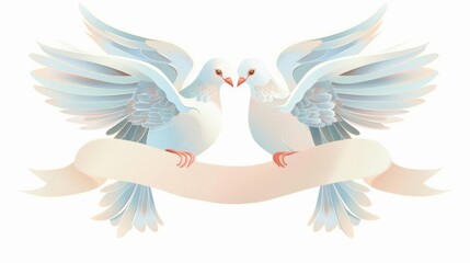 Obraz premium a pair of doves, wedding element, illustration, holding a ribbon, isolated on white background