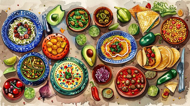 Vibrant Dia de los Muertos Watercolor Illustration of a Traditional Mexican Meal