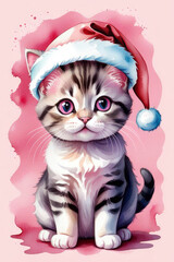 Watercolor cute Christmas cat in Santa Claus red hat illustration on pink background. Kitten for greeting card, print, poster, banner. Happy New Year and Christmas concept. Pastel pink colors 