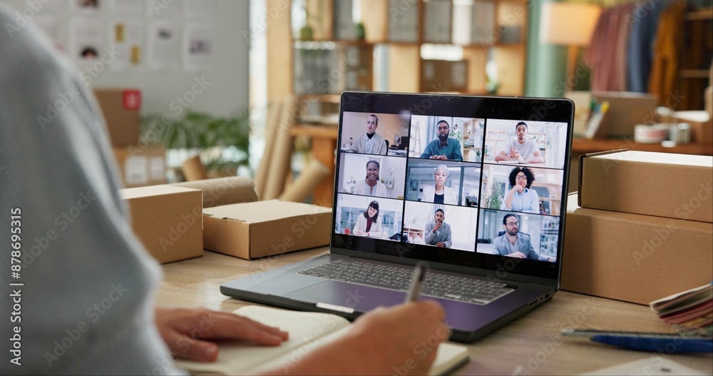 Poster boxes, video call and business people with computer, screen and planning for connection. virtual pre