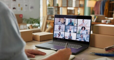 Boxes, video call and business people with computer, screen and planning for connection. Virtual...