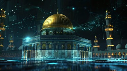Obraz premium Futuristic Dome of the Rock with Augmented Reality Holograms in Blue and Gold - 3D Render with Contrasting Text Space