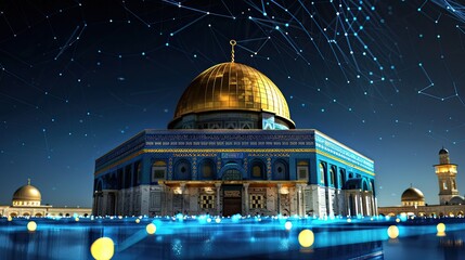 Obraz premium Futuristic Dome of the Rock Augmented Reality Holograms in Blue and Gold - 3D Render with Ample Text Space