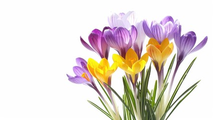 Isolated white background with spring crocus bouquet in various colors