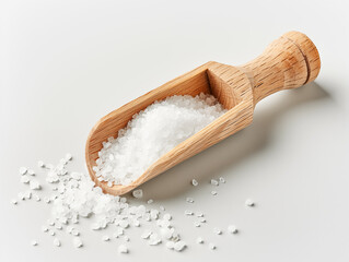 Salt in Wooden Scoop on White Background