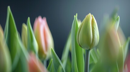 Close up of tender tulip bud representing spring cultivated indoors