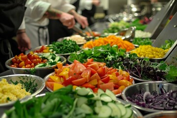 A buffet line filled with a colorful array of fresh vegetables for a gourmet salad preparation, Chefs preparing a gourmet salad with a variety of toppings