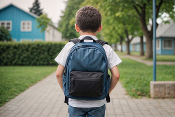 Little boy goes to school on the street, rear view