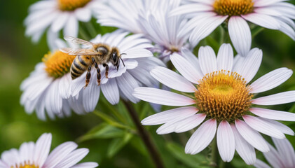 Obraz premium little bee with unfolded wings sits on a daisy flower and enjoys the sunshine. in the bokeh background deep green grass of a spring meadow, beautiful amazing nature
