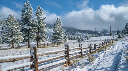 Serene Snow-Covered Countryside with Wooden Fence and Pine Trees