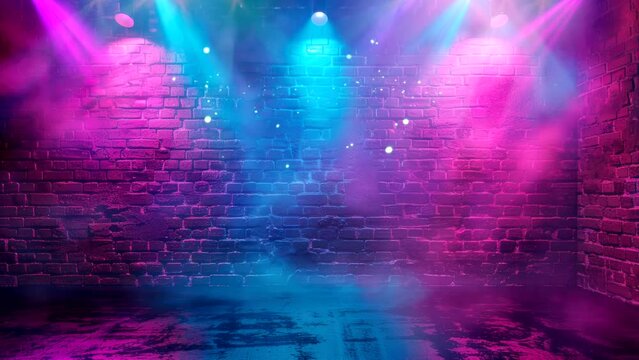 brick wall with blue and pink color neon video animation background Seamless looping  4k quality