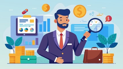 Businessman Analyzing Data with Magnifying Glass - A businessman is analyzing data with a magnifying glass, demonstrating his focus on finding opportunities and insights.