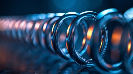 Close-Up of a Metallic Spring with Vibrant Lighting