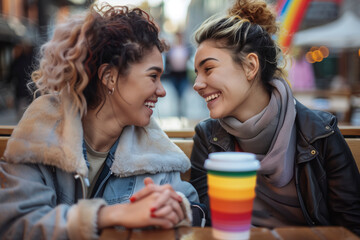 Fototapeta premium Joyful Young Women Celebrating LGBTQ+ Pride with Rainbow Flag and Coffee