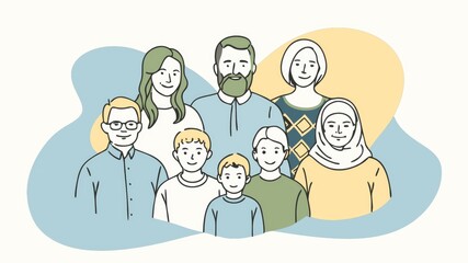 Diverse Family Portrait Illustration - A diverse group of family members smiling and looking at the viewer. Illustration emphasizes family unity and diversity - A diverse group of family members smili