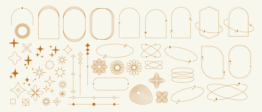 Set of boho geometric shapes in trendy retro style. Minimal Y2k aesthetic. Modern minimalist arch frame with sparkles. Trendy design elements for banners, social media, poster design, packaging.